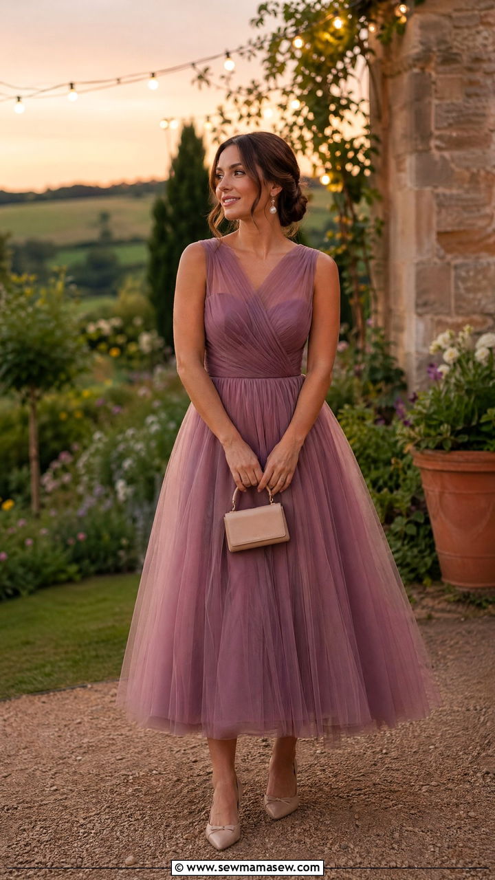 Tea Length Tulle Dress with Kitten Heels - 35 Evening wedding guest outfits