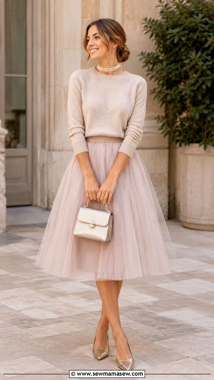 Tea Length Tulle Skirt With Cashmere Sweater - 25 Wedding guest outfit ideas apple shape