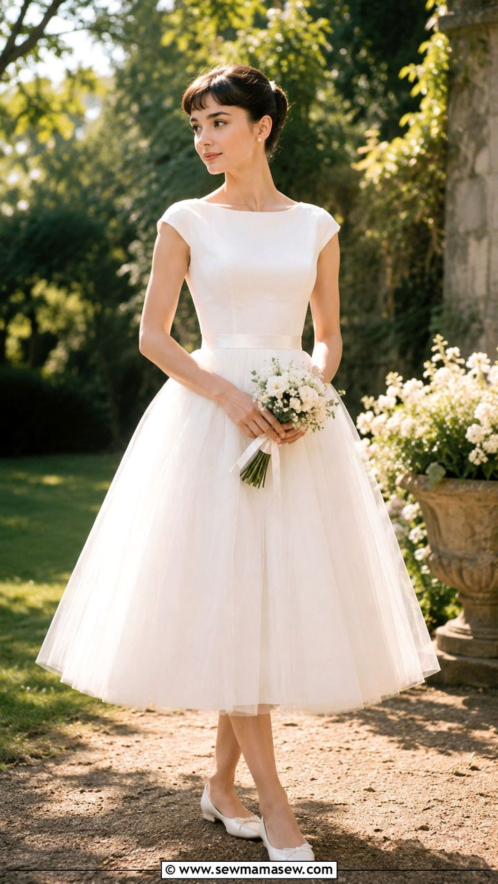 Tea Length Wedding Dress With Ballet Flats and Sash - 25 Audrey Hepburn outfit ideas