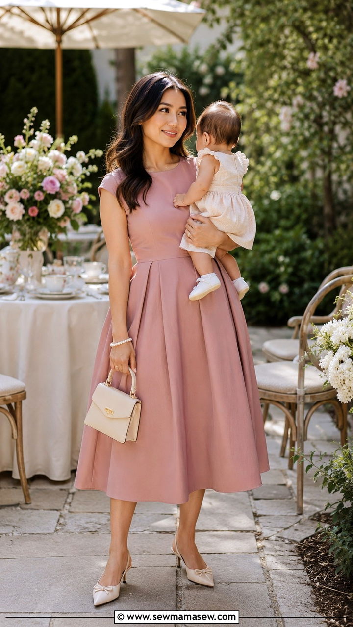 Tea length fit and flare dress with kitten heels - 25 wedding guest outfits for new moms