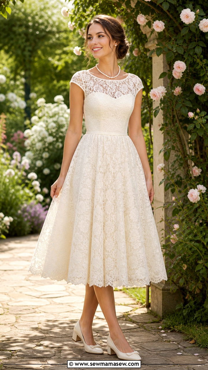 Tea length lace dress with pearl accessories - 20 50th birthday outfit ideas