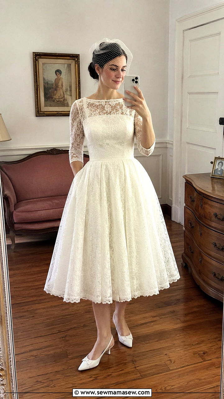 Tea length modest wedding dress with bateau neckline - 20 Modest outfit ideas for bride