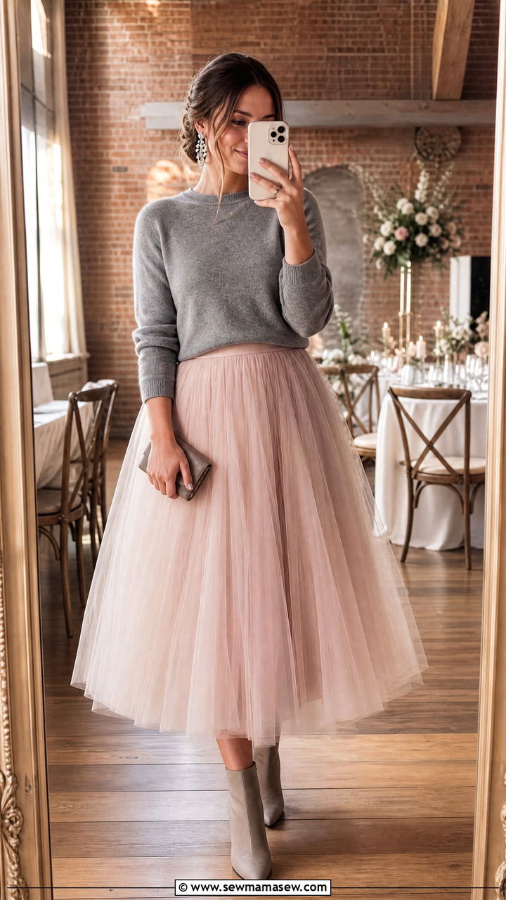 Tea length tulle skirt with fitted cashmere sweater - 30 Cocktail wedding guest outfit ideas