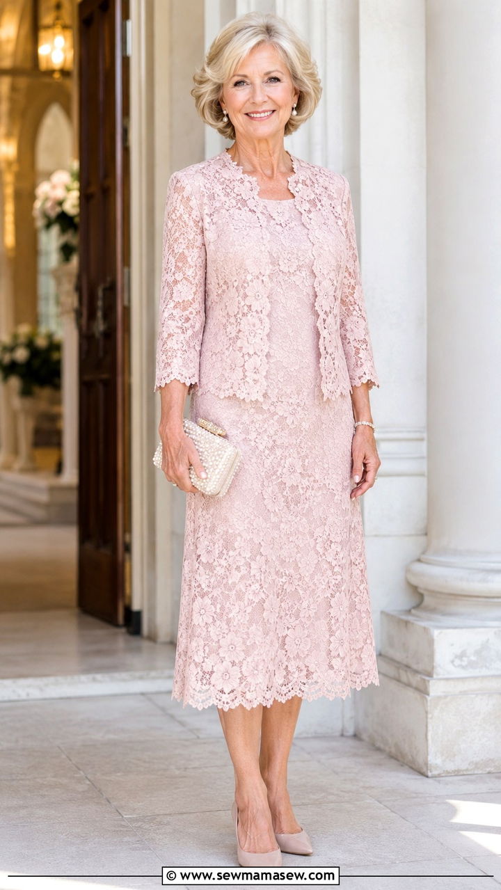 TeaLength Lace Dress With Coordinating Jacket - 20 Wedding guest outfit ideas for 70 year old