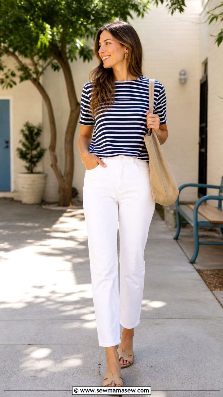 Teacher Outfit Striped Tee and White Pants - 40 teacher outfits