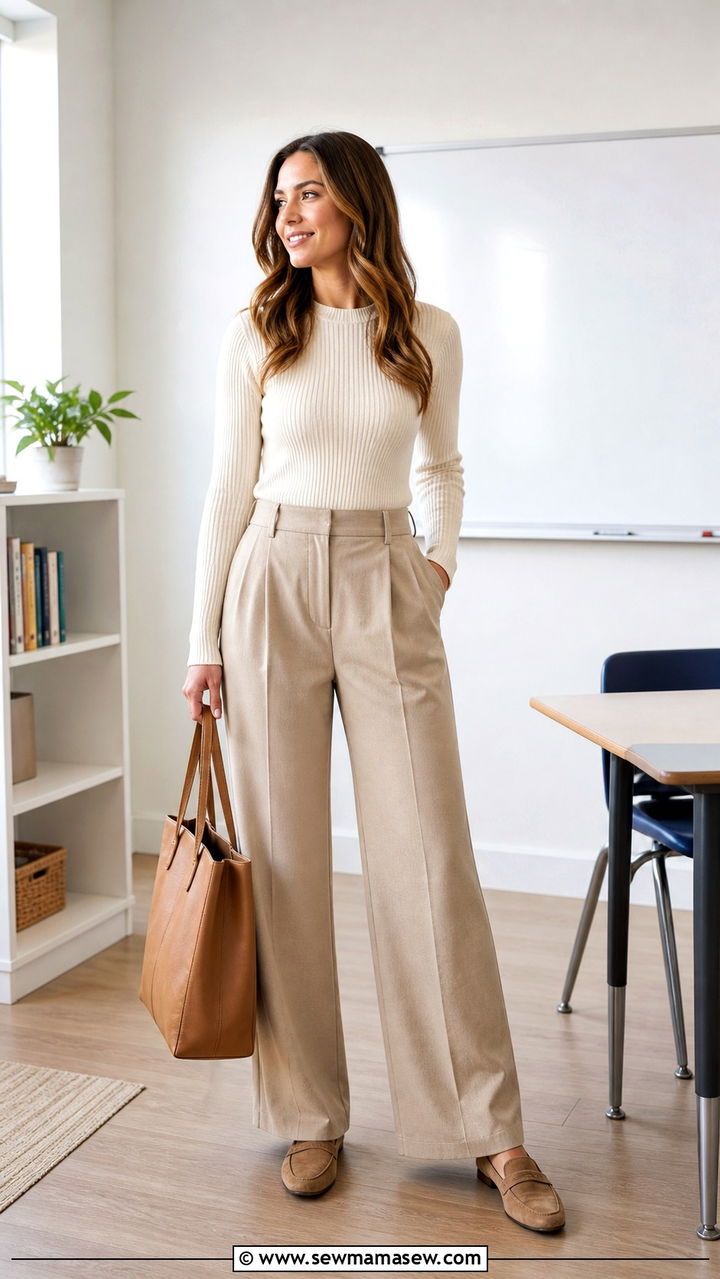 Teacher Outfit Wide Leg Pants and Knit Top - 40 teacher outfits