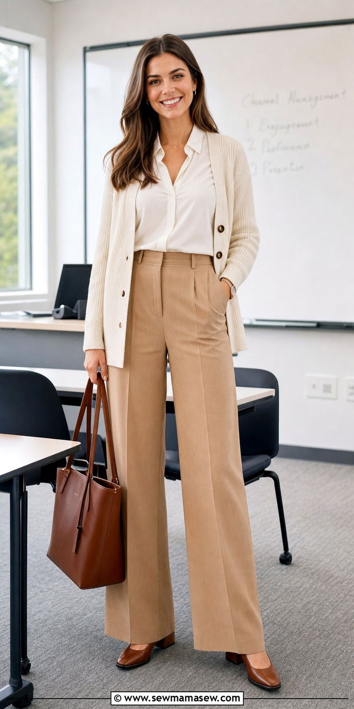 Teacher Wide Leg Trousers with Tucked Blouse - 35 back to school outfits inspo