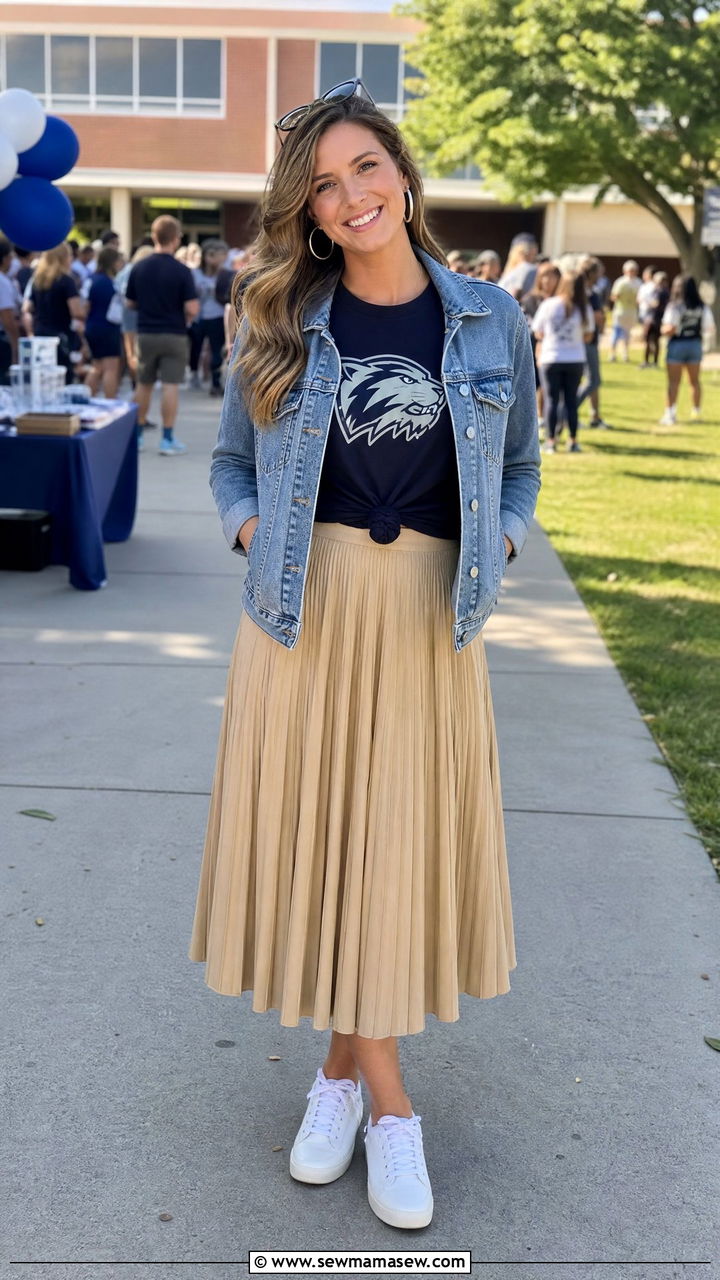 Teacher logo tee and midi skirt - 25 High school teacher outfit ideas