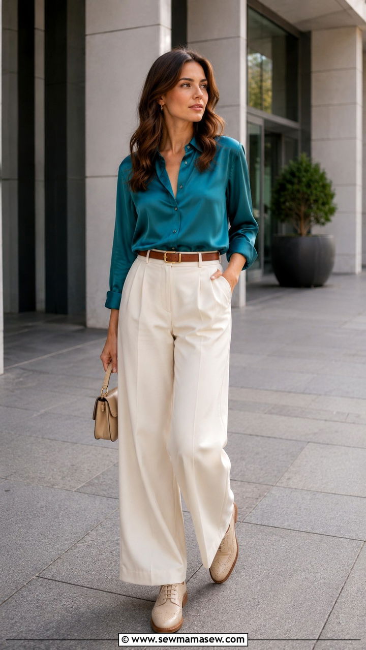 Teal Blouse With Wide Leg Trousers - 25 April outfit ideas 2026