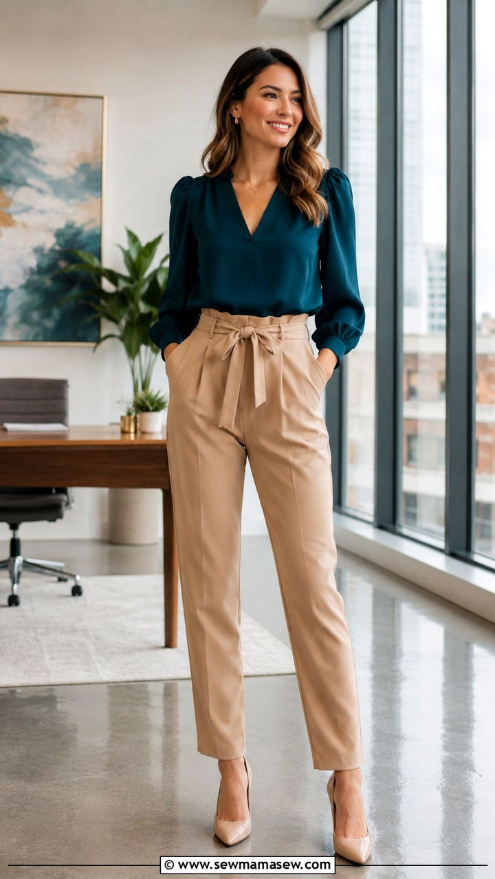 Teal Blouse with Paper Bag Waist Trousers and Pumps - 30 business casual outfits aesthetic