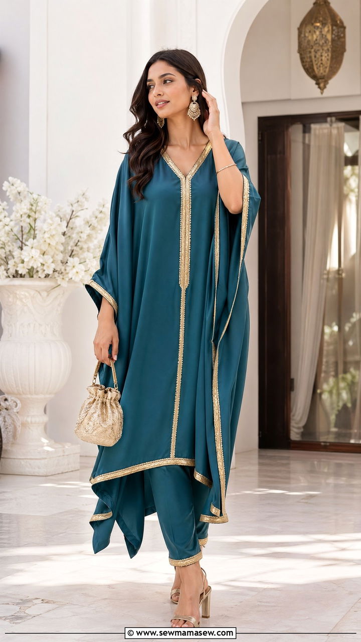 Teal Blue Kaftan Set with Gold Trim - 35 Eid outfit ideas for moms