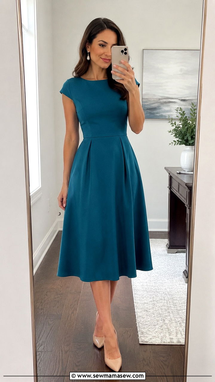 Teal Fit and Flare Midi Dress With Neutral Pumps - 30 Midi dress for work outfit ideas