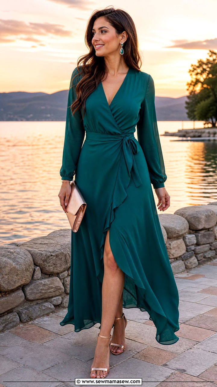 Teal Green Wrap Dress With Rose Gold Accessories - 35 Green dress outfit ideas for wedding guest