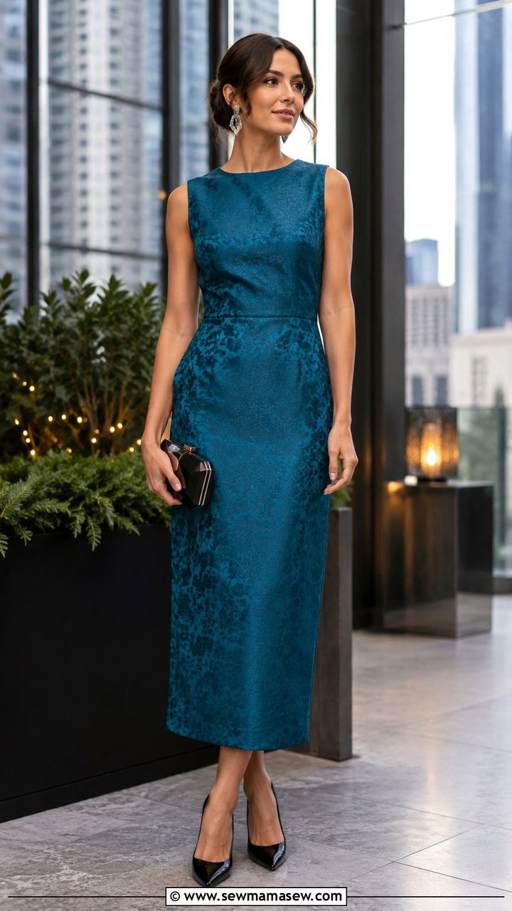 Teal Jacquard Column Dress City Wedding Guest - 25 Wedding guest outfit ideas jacquard dress