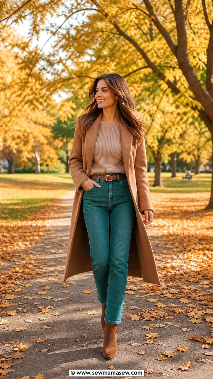 Teal Jeans With Neutral Top And Camel Coat - 40 Colored jeans outfit ideas