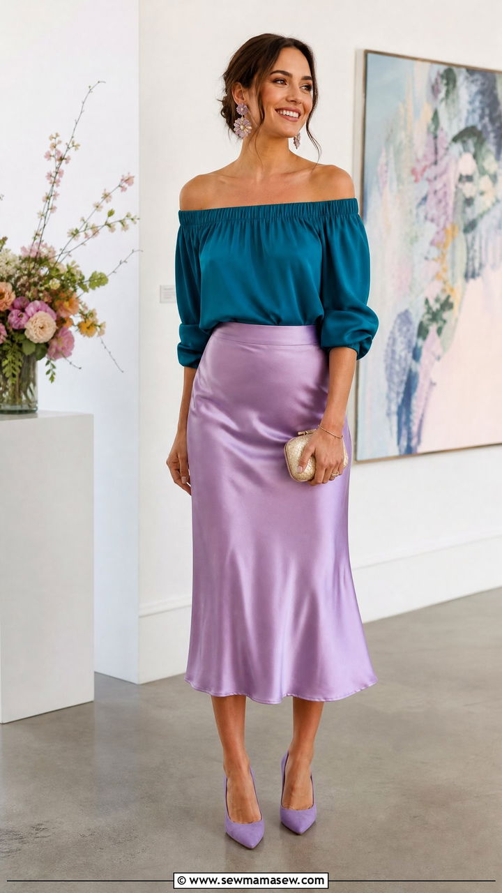 Teal Off the Shoulder Blouse with a Satin Midi Skirt - 30 casual spring wedding guest outfits