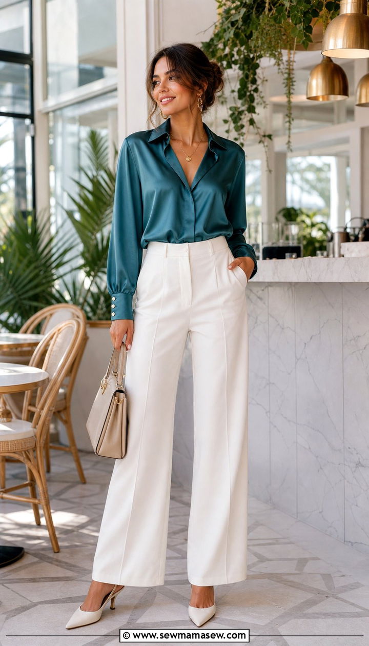 Teal Satin Blouse With White Wide Leg Trousers - 35 April outfit ideas