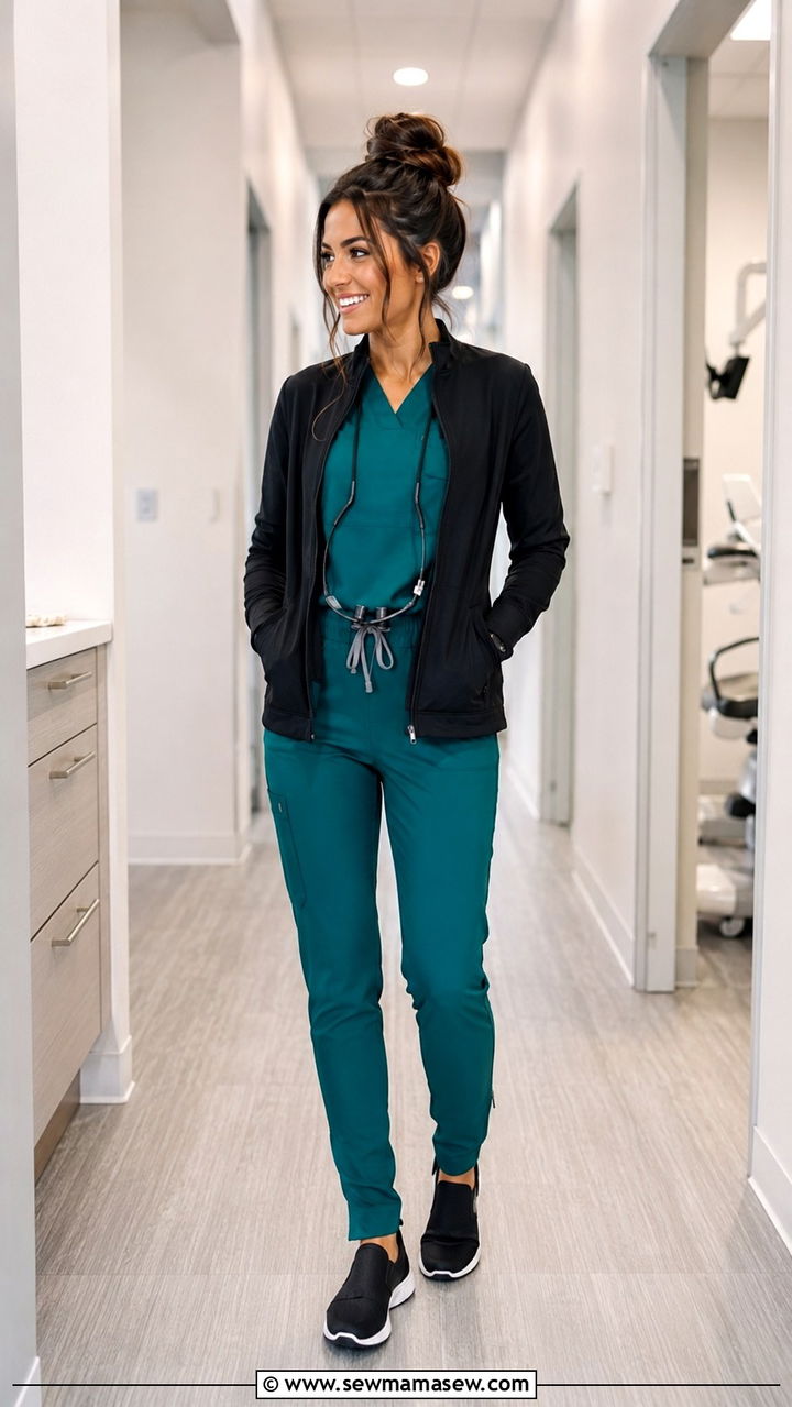 Teal Scrub Set With Black Zip Up Jacket Dental Outfit - 30 Dental office outfit ideas