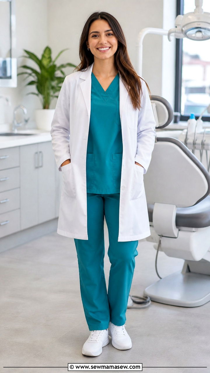 Teal Scrubs With White Lab Coat - 40 Dentist outfit ideas