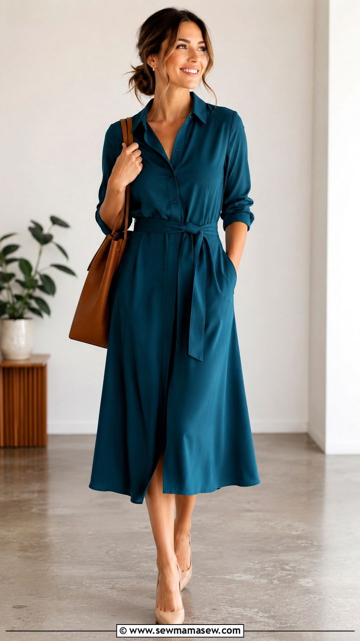 Teal Shirt Midi Dress With Nude Heels and Brown Tote - 30 Midi dress for work outfit ideas