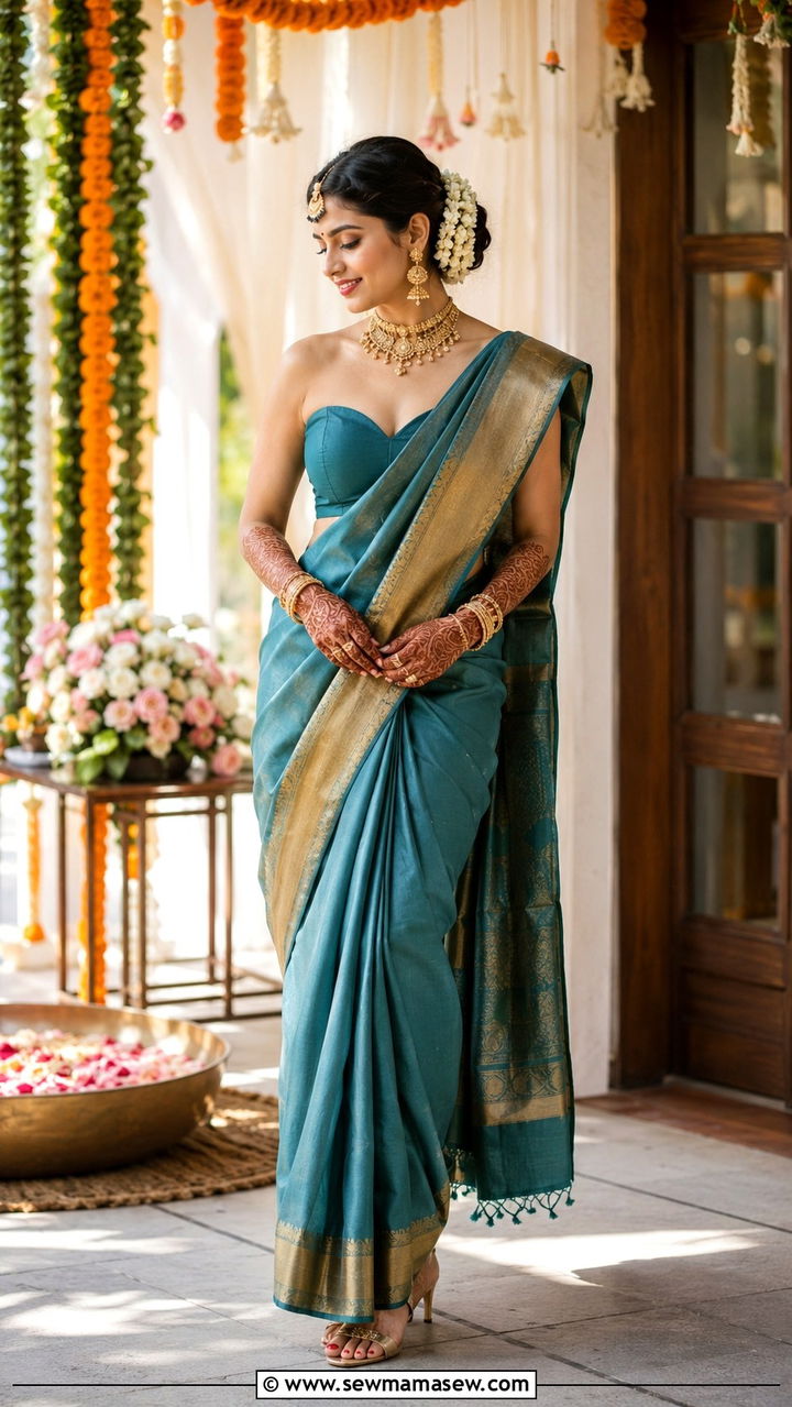 Teal Silk Saree Outfit - 25 Mehndi outfit ideas 2026