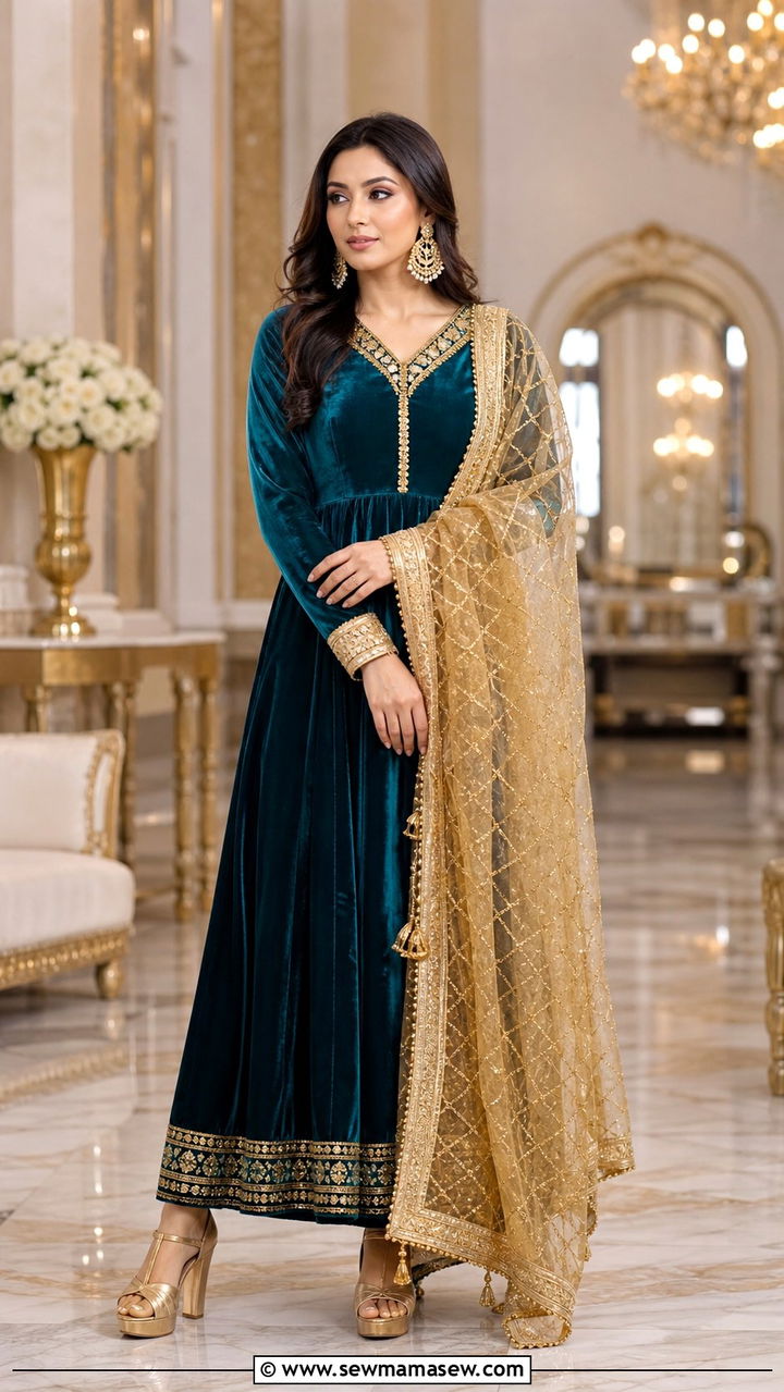 Teal Velvet Anarkali With Gold Gota - 40 Eid outfit ideas for women