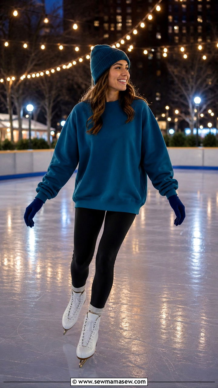 Teal blue sweatshirt and beanie ice skating evening outfit - 40 Ice skating outfit ideas