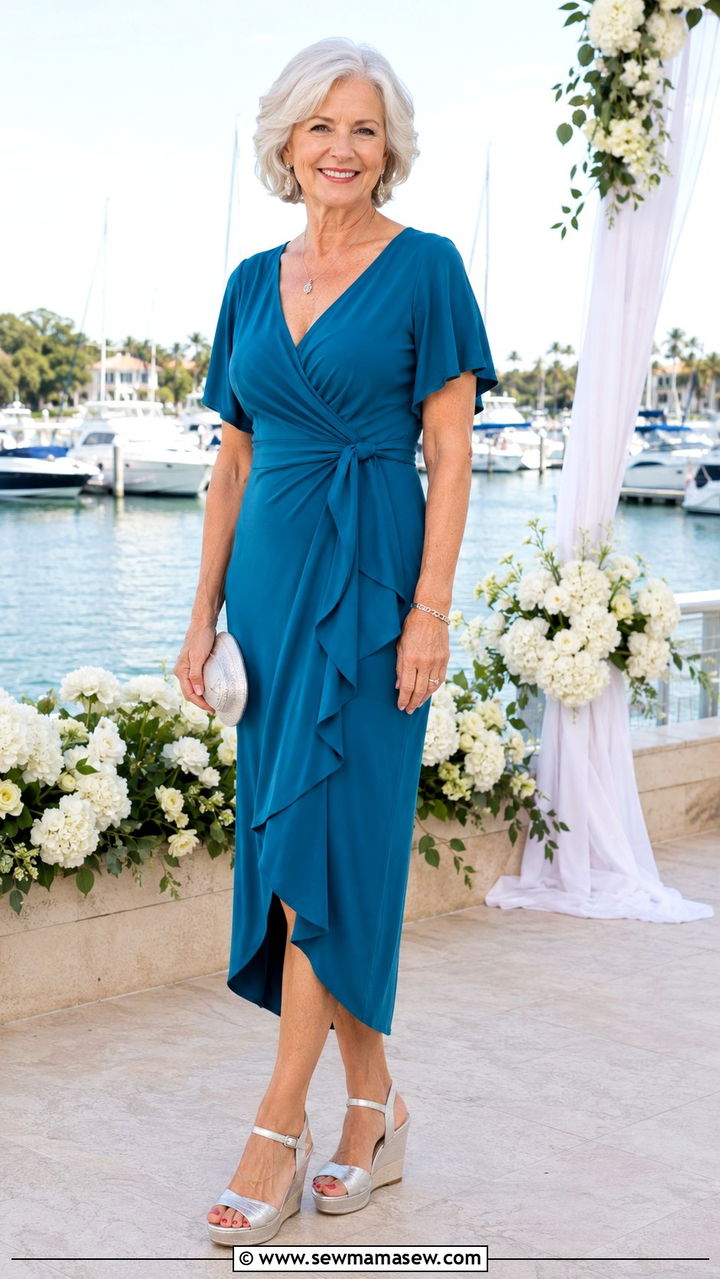 Teal blue wrap dress with silver wedge sandals - 25 Wedding guest outfit ideas for 60 year old