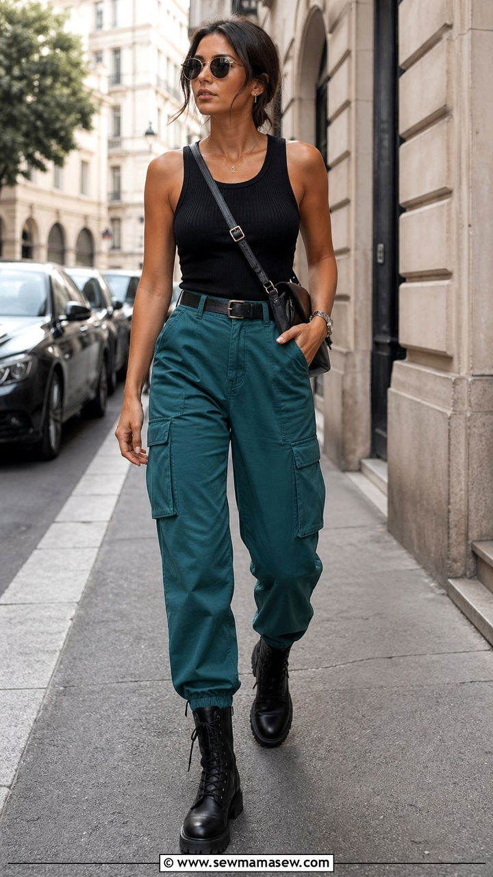Teal cargo pants with fitted black tank outfit - 40 All teal outfit ideas
