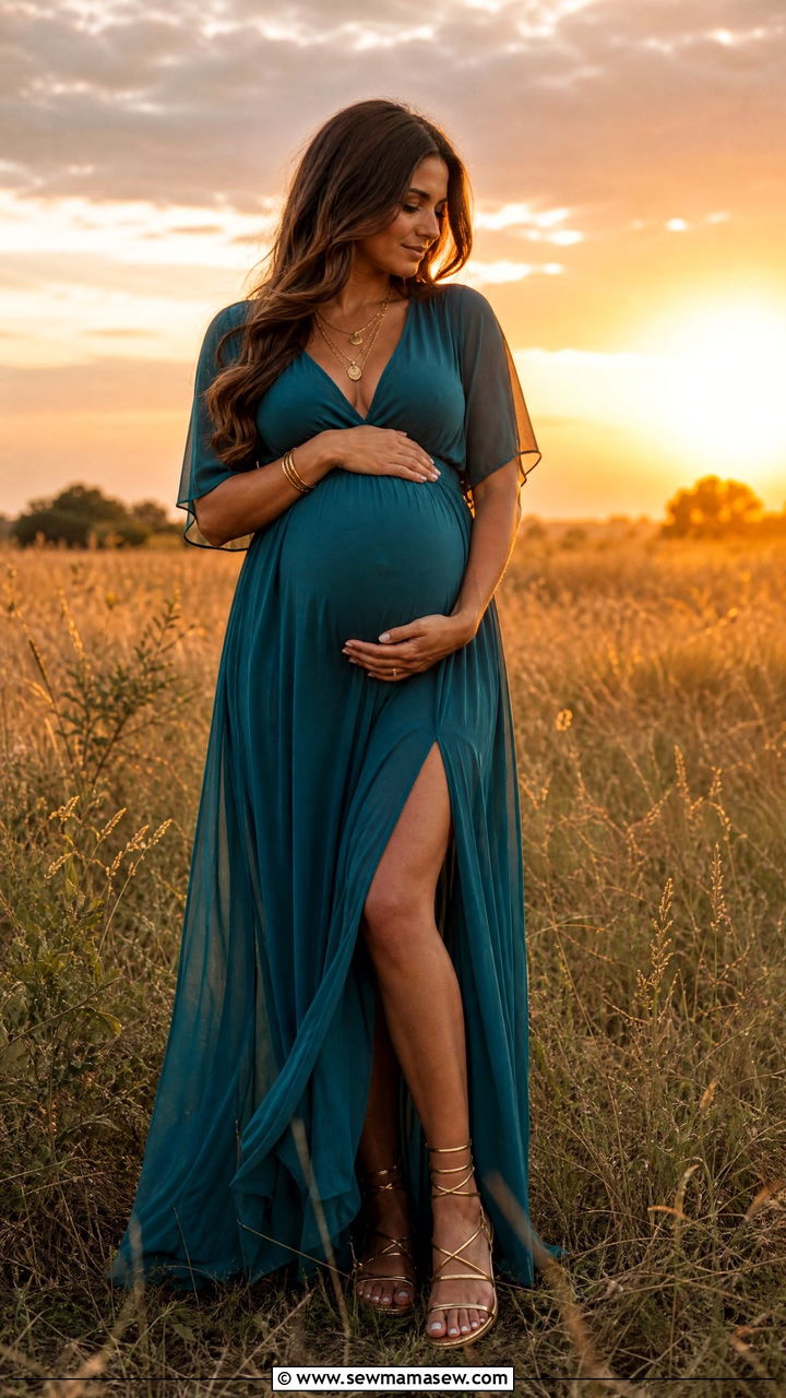Teal chiffon maxi dress with gold accessories sunset maternity outfit - 25 Maternity photo outfit ideas summer
