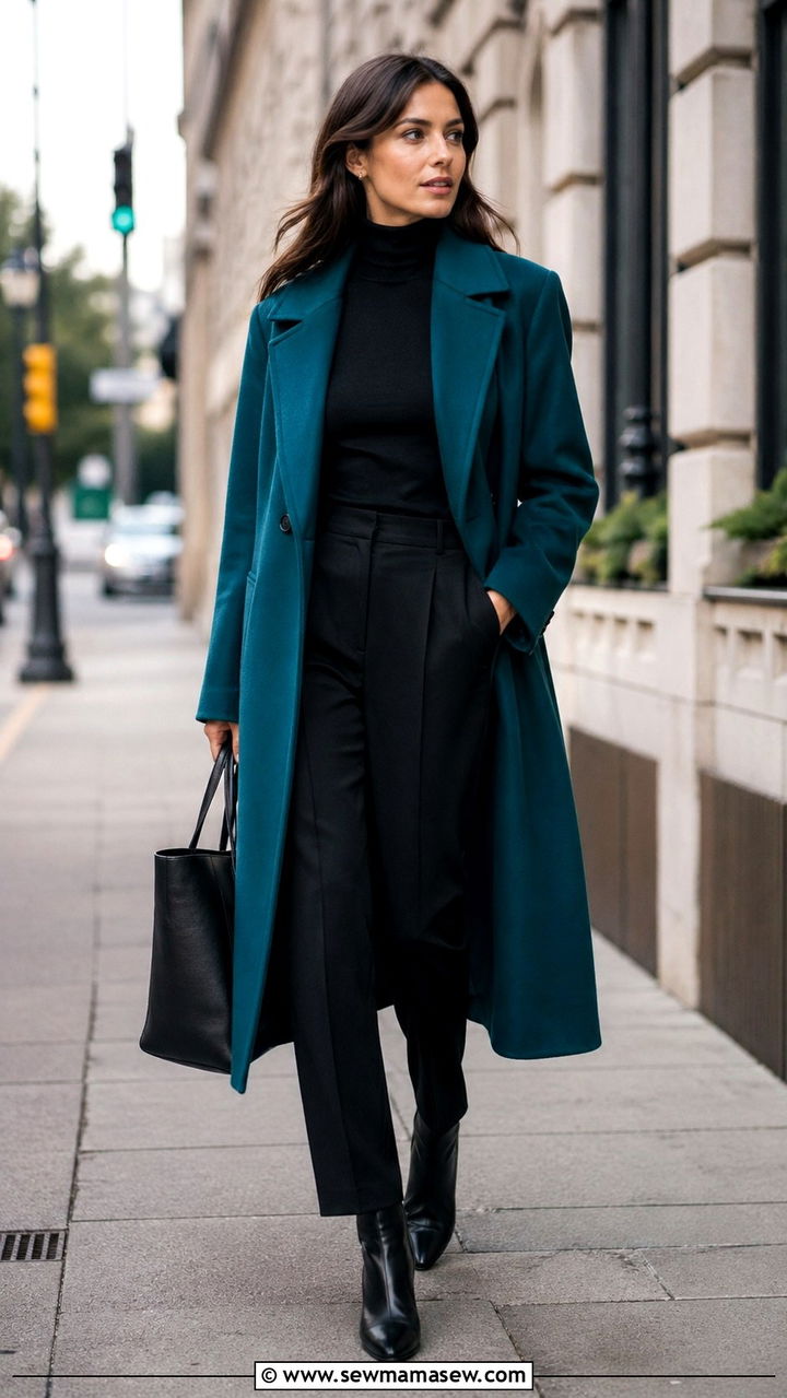 Teal coat with all black layers outfit - 40 All teal outfit ideas