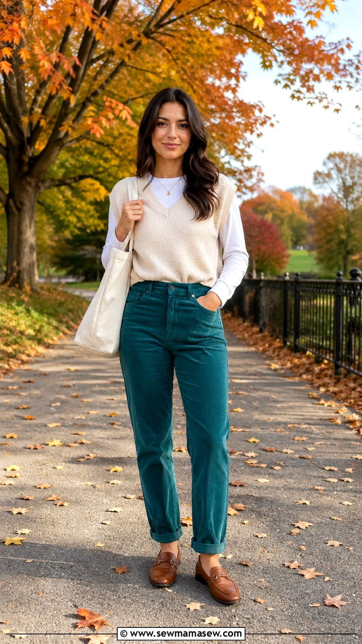 Teal corduroy pants with neutral sweater vest outfit - 40 All teal outfit ideas