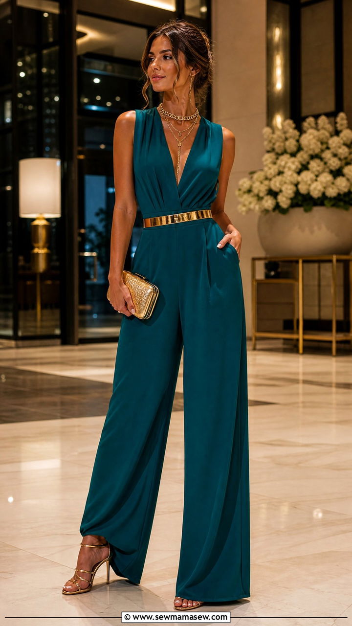 Teal jumpsuit with gold accessories - 35 Jewel tone outfit ideas