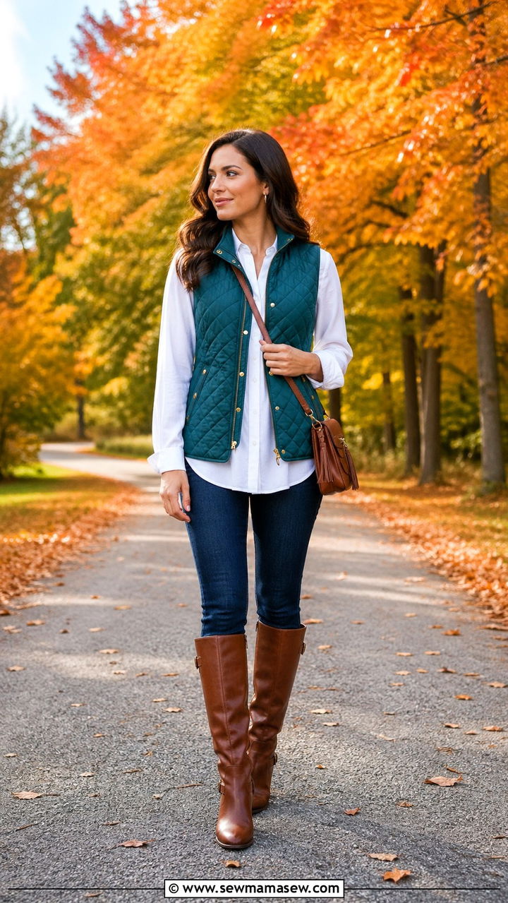 Teal quilted vest with white button down shirt outfit - 40 All teal outfit ideas