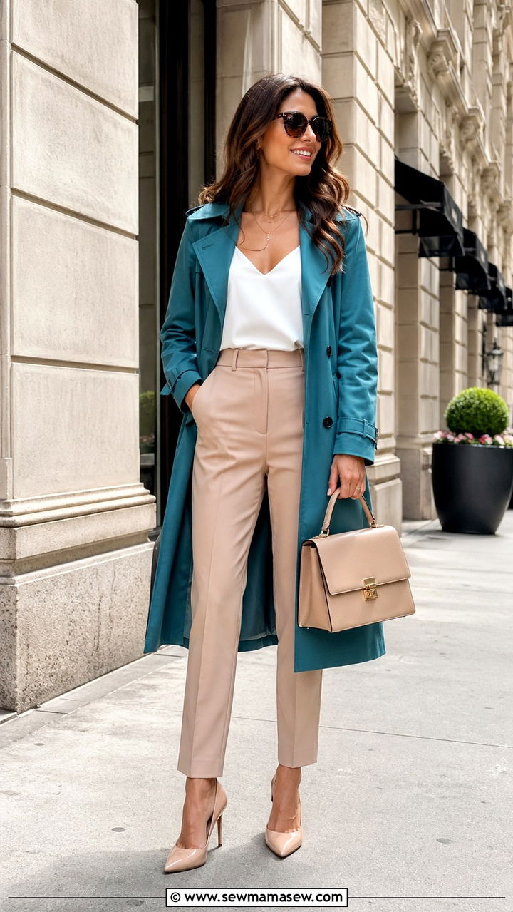 Teal trench coat with nude trousers outfit - 40 All teal outfit ideas