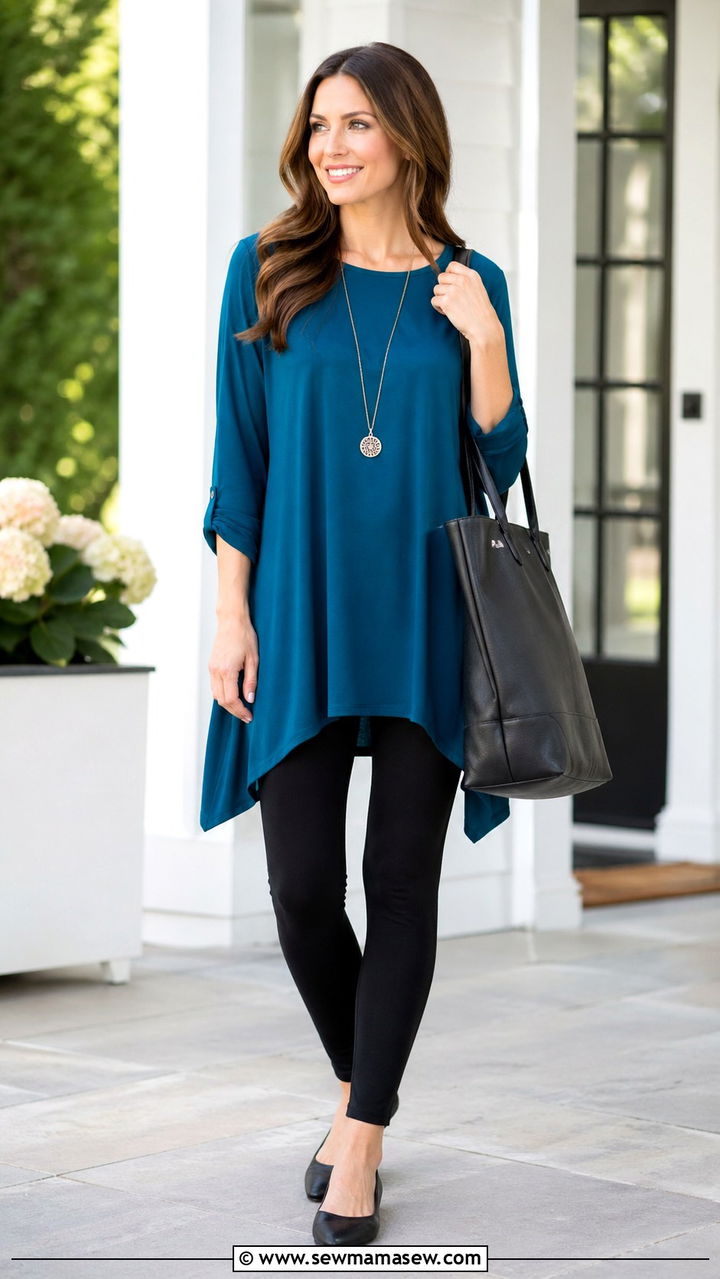 Teal tunic with black leggings and ballet flats outfit - 40 All teal outfit ideas