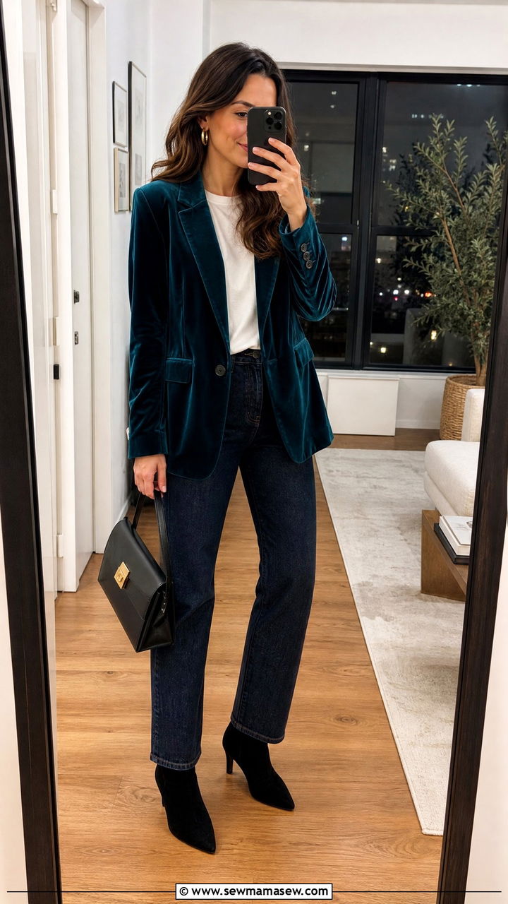 Teal velvet blazer and dark denim - 35 Jewel tone outfit ideas