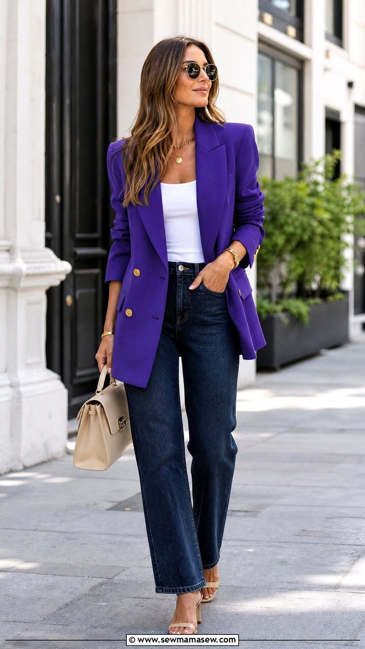 Team Color Blazer With Dark Denim And Heels - 35 Gameday outfit ideas spring