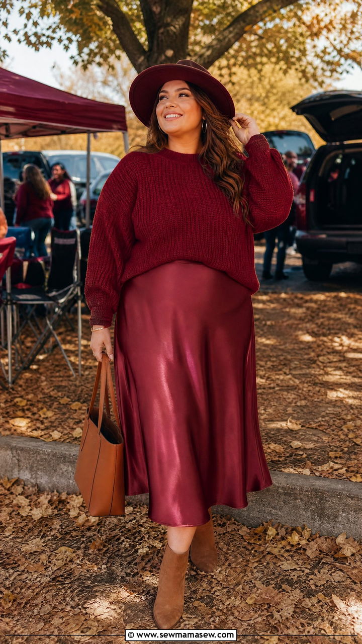 Team Color Sweater With Midi Skirt And Ankle Boots - 30 Football game outfit ideas plus size
