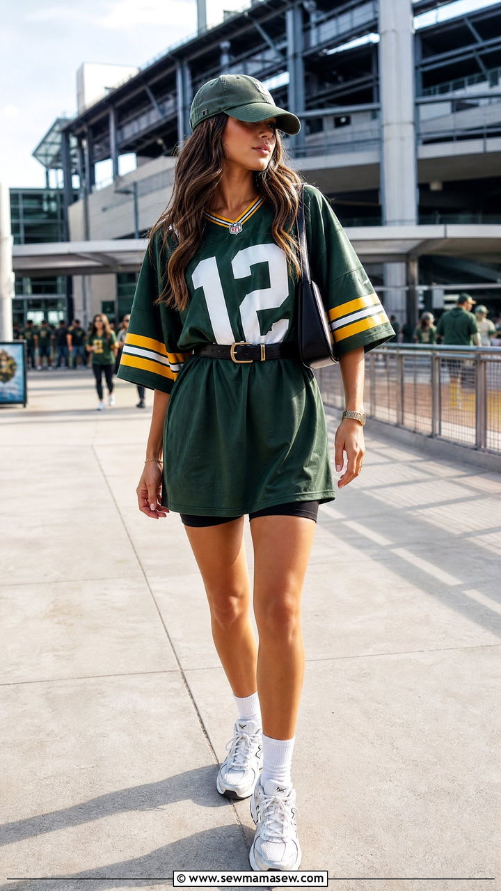 Team Jersey Belted as a Dress with Biker Shorts Underneath - 25 Gameday outfit ideas NFL