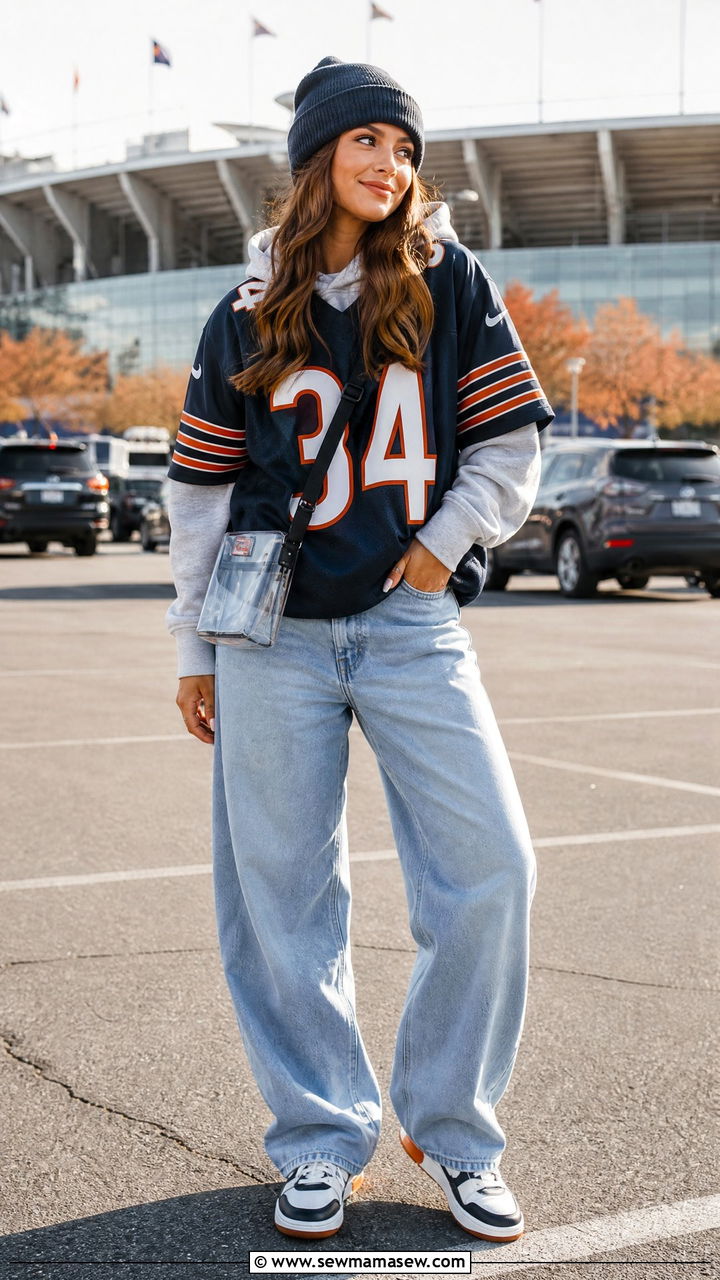 Team Jersey Layered Over a Hoodie with Baggy Jeans and Retro Sneakers - 25 Gameday outfit ideas NFL