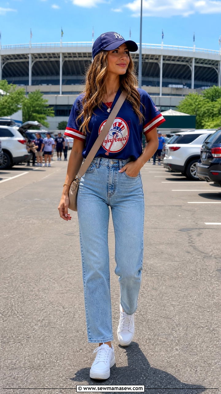 Team Jersey With High Waisted Jeans And Sneakers - 35 Gameday outfit ideas spring