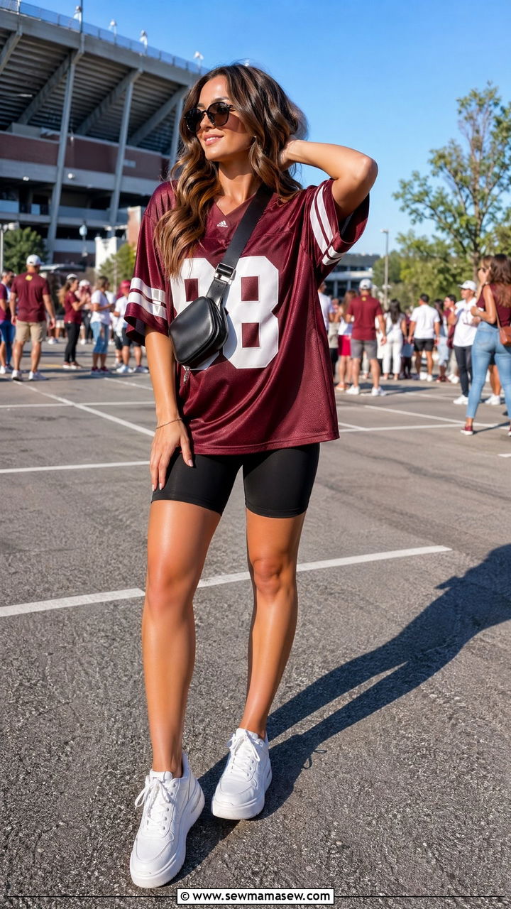 Team Jersey with Biker Shorts and White Sneakers - 35 Football game outfit ideas for women