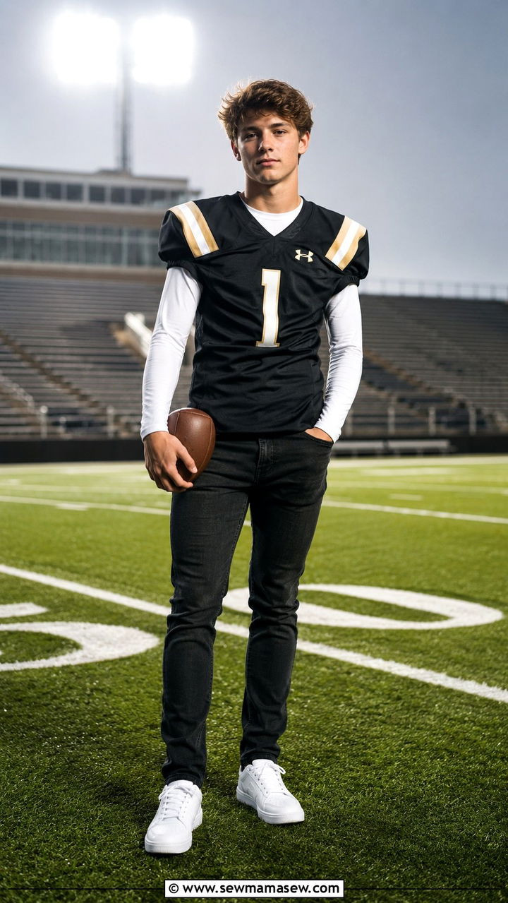 Team Jersey with Slim Jeans and Clean Sneakers - 30 Senior photo outfit ideas for guys
