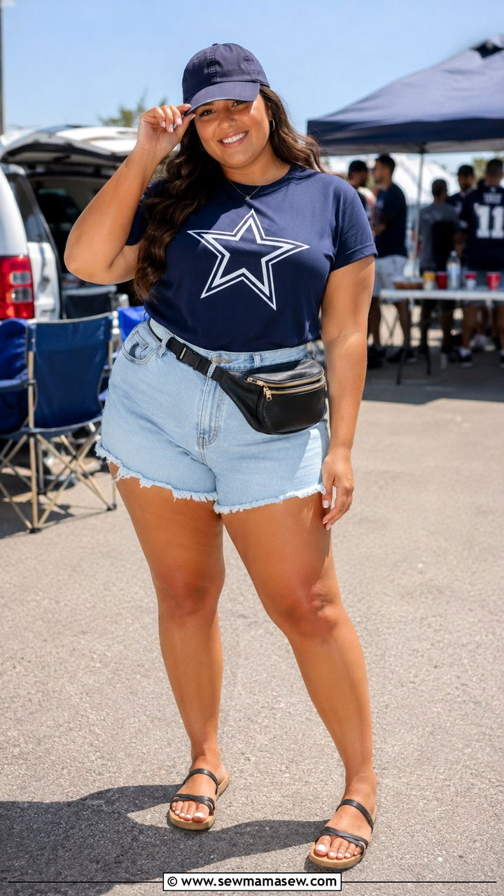 Team graphic tee and high waisted denim shorts outfit - 30 Plus size tailgate outfit ideas