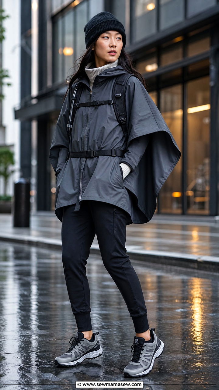 Technical Poncho Cape and Fitted Joggers Outfit - 25 Gorpcore outfit ideas 2026