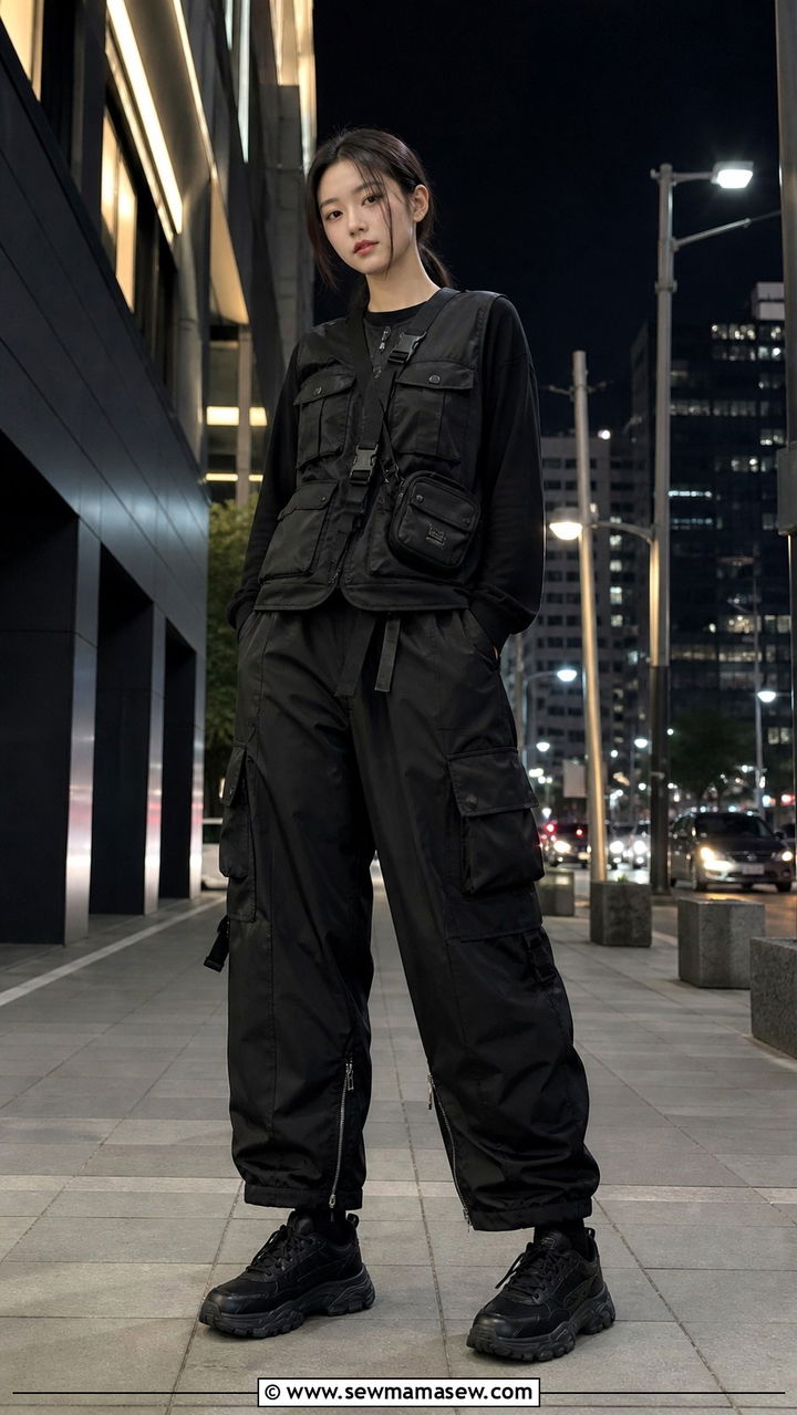 Techwear Utility Vest With Wide Cargo Pants Seoul - 40 Seoul outfit ideas