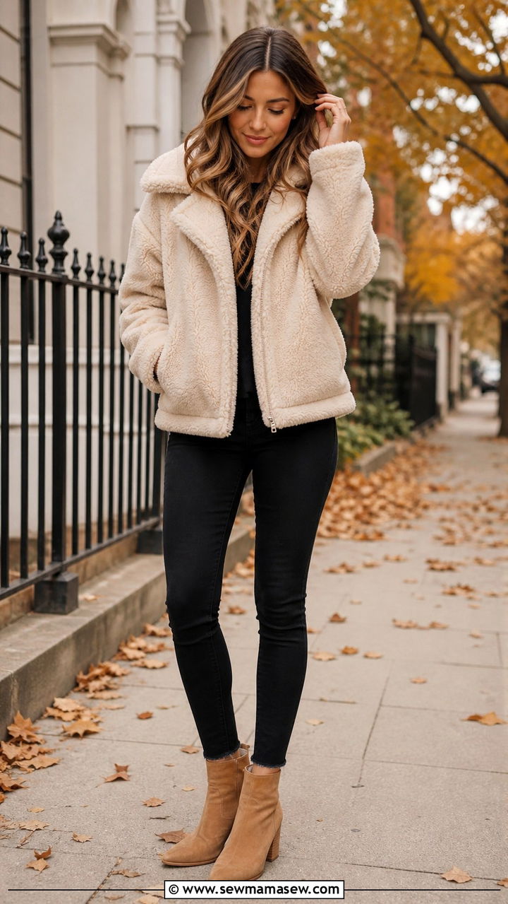 Teddy Bear Jacket With Skinny Jeans and Ankle Boots - 40 cute jacket outfits