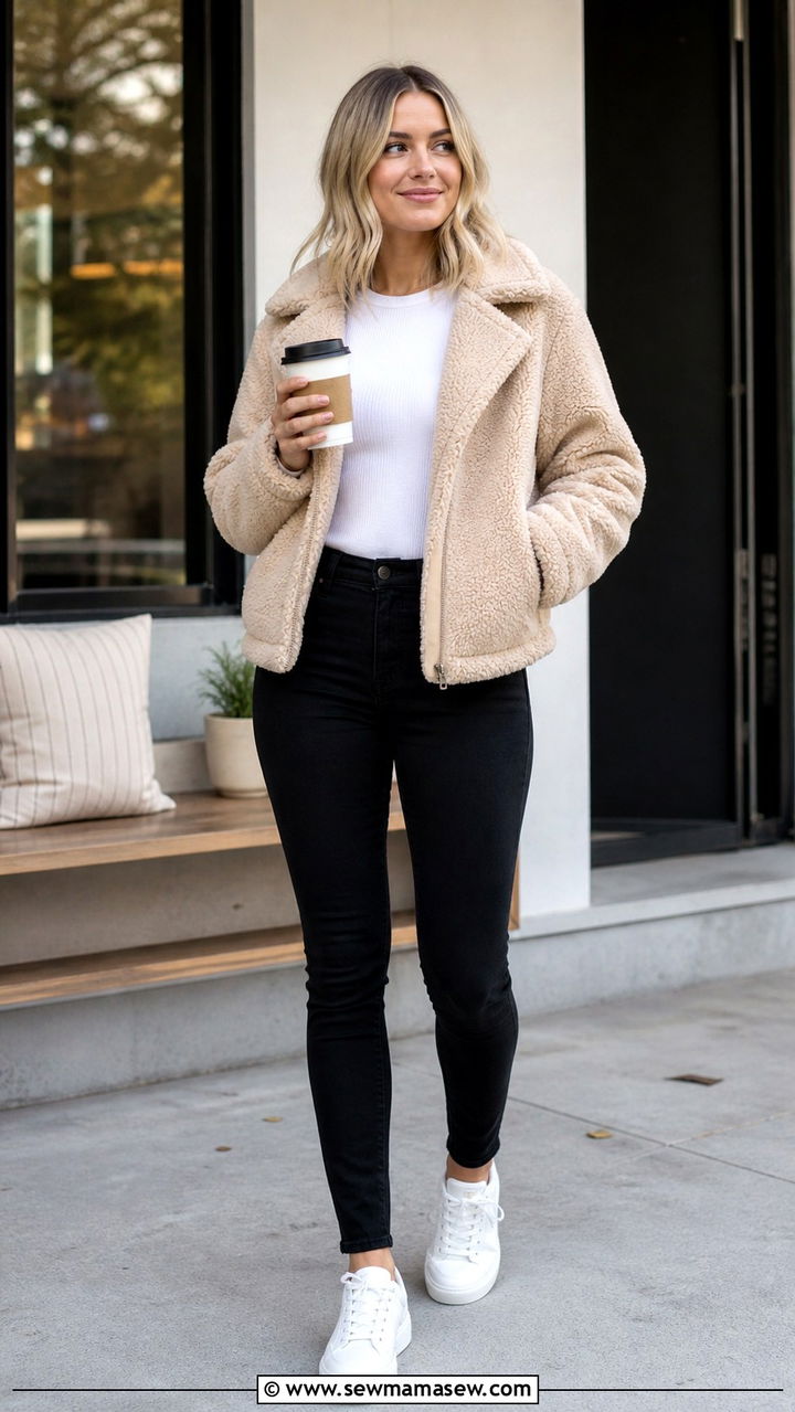 Teddy Bear Jacket with Skinny Jeans and Sneakers - 40 jacket outfits for women