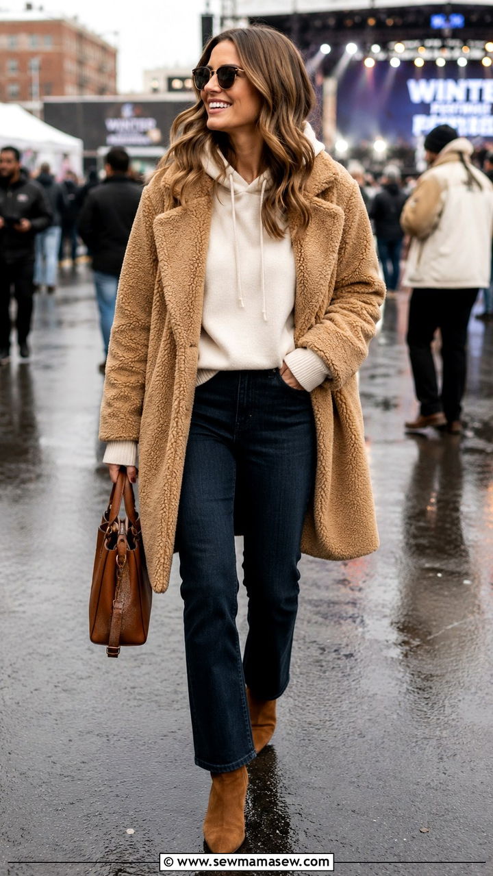Teddy Coat Cashmere Hoodie Straight Leg Jeans And Suede Boots - 25 seasonal music festival outfit ideas